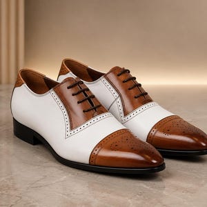 Handmade Men's Brown & White Cap Toe Oxford Shoes | Two Tone Leather Dress Shoes image 1
