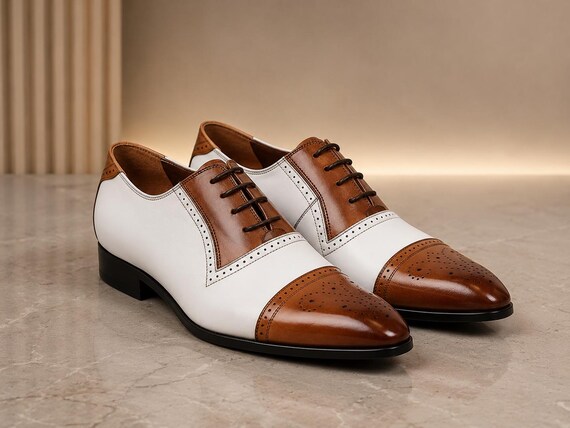 Handmade Men's Brown & White Cap Toe Oxford Shoes | Two Tone Leather Dress Shoes