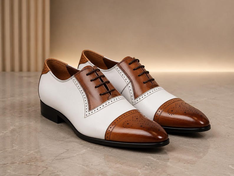 Handmade Men's Brown & White Cap Toe Oxford Shoes | Two Tone Leather Dress Shoes image 1