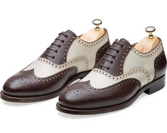 Handmade Two Tone Oxford Brogue Leather Men’s Dress Shoes – Classic Luxury Formal Footwear