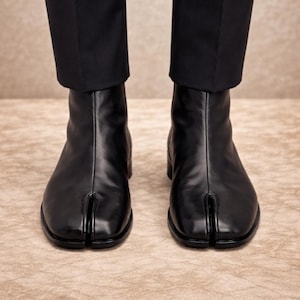 May include: Black leather split-toe boots. These boots feature a unique design with a split toe, paired with black trousers. The boots' design is minimalist and modern, with a focus on clean lines and a sleek appearance.