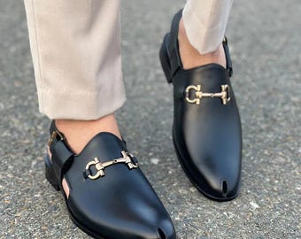Men’s Black Leather Horsebit Loafers  Handmade Split-Toe Slip On Shoes