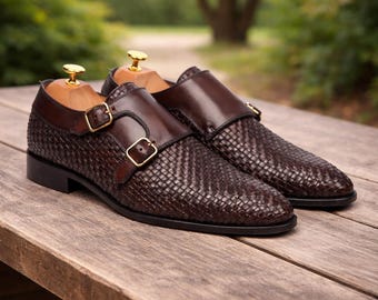 Handmade Woven Leather Double Monk Strap Shoes for Men – Brown Luxury Dress Shoes
