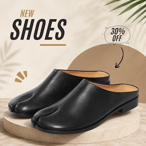 May include: A pair of black slip-on shoes with a split-toe design, featuring a low heel and a tan interior lining. The image includes the text NEW SHOES and a graphic bubble indicating 30% OFF, presented in a clean, neutral-toned promotional layout.