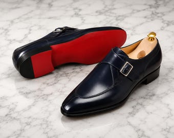 Handmade Navy Blue Monk Strap Shoes for Men – Luxury Leather Dress Shoes
