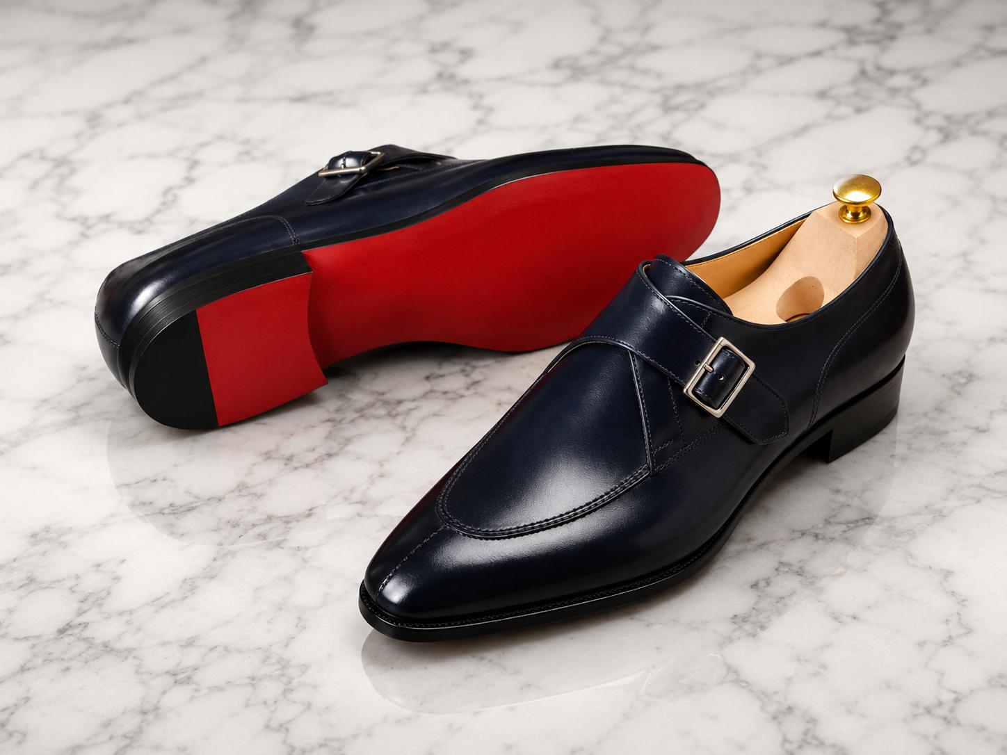 Handmade Navy Blue Monk Strap Shoes for Men - Luxury Leather Dress Shoes