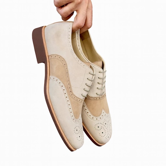 Men’s Beige Suede Wingtip Oxford Shoes  Handmade Leather Brogues Formal  Casual Dress Shoes