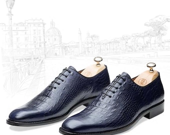 Zapatos Oxford de piel de cocodrilo azul marino hechos a mano, zapatos de vestir Goodyear Welt para hombre