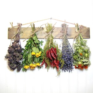 May include: Six bundles of dried herbs and peppers hanging on a wooden rack. The bundles include purple, green, yellow, red, blue, and orange dried flowers and herbs.