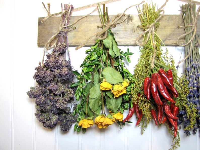 May include: Dried herbs and flowers hanging on a wooden rack. The herbs include oregano, lavender, and chili peppers. The flowers are yellow roses.