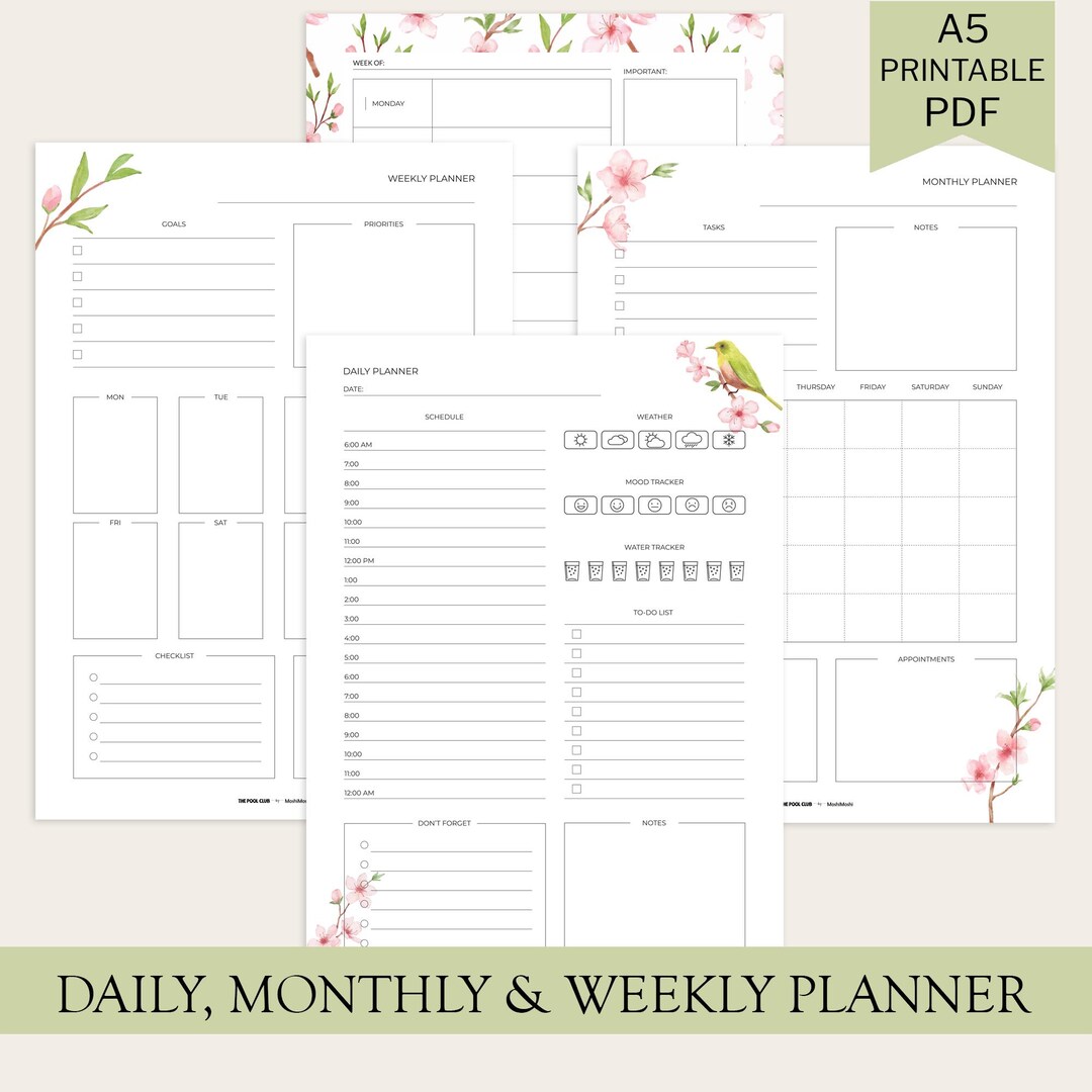 A5 Cherry Blossom Planner Inserts, Undated Daily Weekly Monthly ...