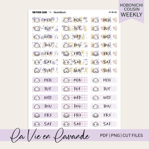 Puede incluir: Hoja de pegatinas para planificador con etiquetas semanales. Las etiquetas incluyen los días de la semana con diversas expresiones faciales y diseños florales. El texto "La Vie en Lavande" está en la parte inferior. Para Hobonichi Cousin Weekly.