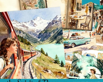 Kit de diario de viajes retro, imprimible para álbum de recortes de viajes en tren de la Edad de Oro por Europa y Asia