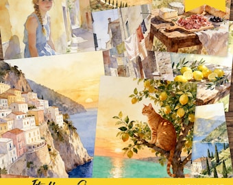 Italienischer Sommer Junk Journal Seiten, Aquarell Küstenstadt, Zitronenbaum Katze, (digitaler Download)