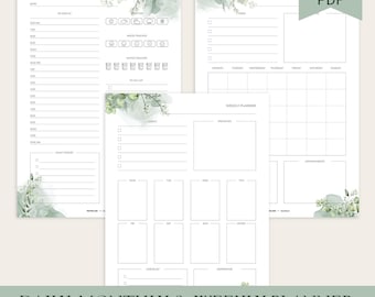 Paquete de insertos imprimibles para agenda A5, diseño de eucalipto en acuarela, PDF sin fecha, diario, semanal, mensual.