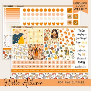 May include: A planner sticker sheet with an autumn theme. The sheet includes illustrations of pumpkins, leaves, and people. Text includes "Hello Autumn", "To Do", and days of the week. The color palette is orange, yellow, and brown.