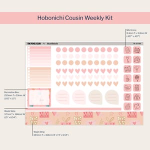 May include: A Hobonichi Cousin Weekly Kit sticker sheet with a pink and beige color scheme. The sheet includes decorative boxes, washi strips, mini icons, and heart and dot stickers. The decorative box is 1.02" x 1.3".