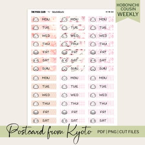 May include: Sheet of planner stickers with days of the week labels. Each label features a small, round face with different expressions. The stickers have pink and white floral, polka dot, and striped patterns. Text on the sheet reads "Postcard from Kyoto."