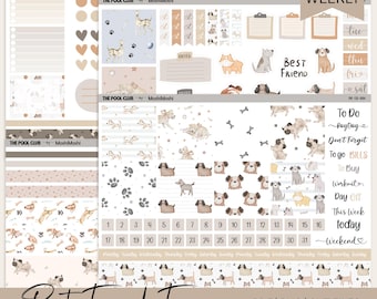 Pegatinas imprimibles para agenda semanal Hobonichi Cousin con diseño de perro, archivos PDF PNG con temática neutra de mascotas.