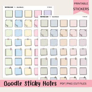May include: Printable sticker sheets featuring doodle-style sticky notes in various pastel colors. Each sheet includes multiple notepads with spiral binding, heart accents, and paper clips. The text "Doodle Sticky Notes" is displayed at the bottom.
