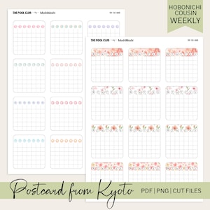 Puede incluir: Dos hojas de pegatinas para planificador con diseños de calendario semanal. Las pegatinas presentan acentos de colores pastel y diseños florales. El texto incluye "The Pool Club", "Hobonichi Cousin Weekly" y "Postcard from Kyoto."