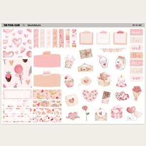 May include: A sheet of planner stickers with a Valentine's Day theme. The stickers feature hearts, cupcakes, gifts, and the words "Love You." Colors include pink, white, and brown. The text "THE POOL CLUB" and "MoshiMoshi" are visible.