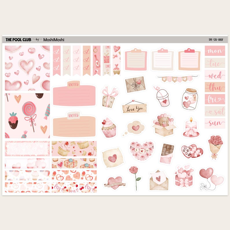 May include: A sheet of planner stickers with a Valentine's Day theme. The stickers feature hearts, cupcakes, gifts, and the words "Love You." Colors include pink, white, and brown. The text "THE POOL CLUB" and "MoshiMoshi" are visible.