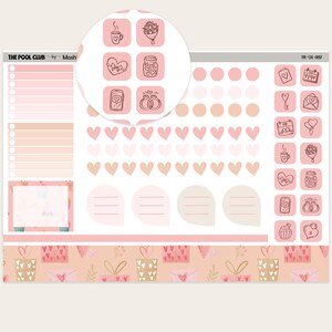 May include: A sheet of planner stickers in shades of pink, peach, and white. The stickers feature hearts, icons of coffee cups, bouquets, gifts, and rings. There are also blank note bubbles and a decorative border with gift boxes and hearts.