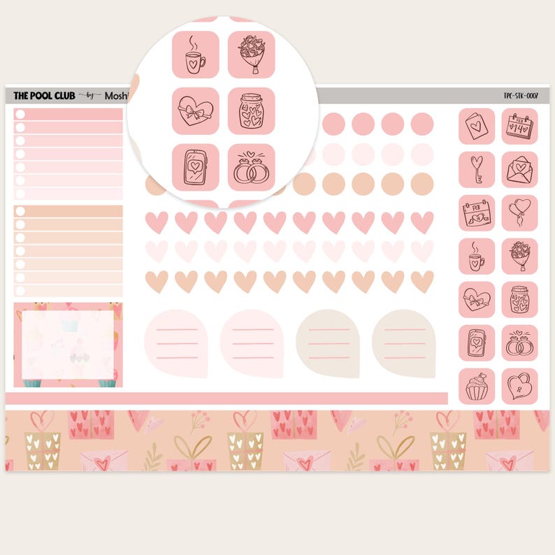May include: A sheet of planner stickers in shades of pink, peach, and white. The stickers feature hearts, icons of coffee cups, bouquets, gifts, and rings. There are also blank note bubbles and a decorative border with gift boxes and hearts.