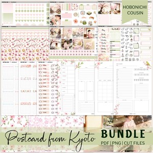 Könnte beinhalten: Ein Bundle aus Planer-Stickern und -Einsätzen mit japanischem Thema. Die Sticker zeigen Kirschblüten, japanisches Essen und Kalenderelemente. Die Einsätze umfassen Tages-, Wochen- und Monatslayouts. Der Text "Postcard from Kyoto" und "BUNDLE" sind sichtbar.