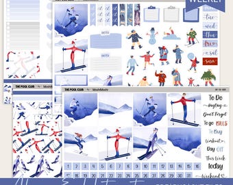 Hojas de pegatinas imprimibles para el planificador de esquí de invierno, compatibles con Hobonichi Cousin Weekly