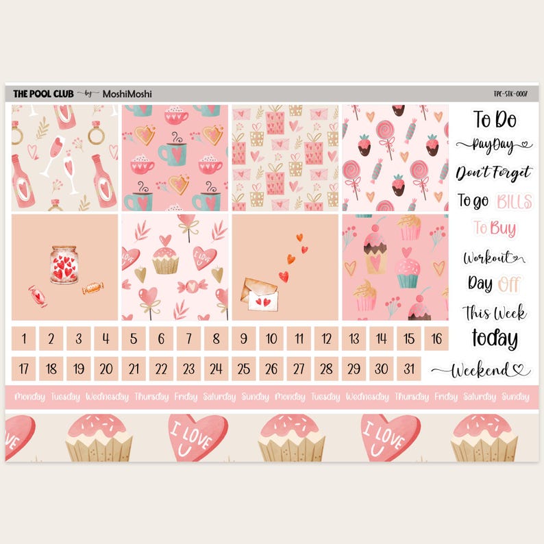May include: A planner sticker sheet with a Valentine's Day theme. The sheet features pink and peach colors with illustrations of hearts, cupcakes, and gifts. Text includes "To Do," "To Buy," and calendar dates.