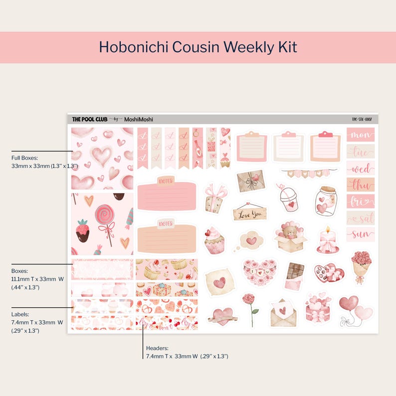 May include: A planner sticker kit labeled "Hobonichi Cousin Weekly Kit" with various pink and peach-colored stickers. The stickers include hearts, cupcakes, notes, and decorative elements. Full boxes are 1.3" x 1.3".