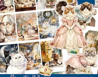 Paquete adicional de efímera de gato majestuoso, kit digital vintage para diario basura, tarjetas imprimibles, troquelado preciso
