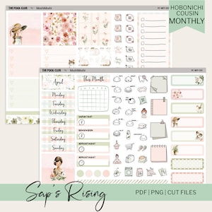 Puede incluir: Un conjunto de pegatinas para planificador con temática floral. El conjunto incluye pegatinas con ilustraciones de personas, flores e iconos. El texto "April", "This Month" y "Sap's Rising" es visible. Las pegatinas son en tonos rosa, verde y blanco.