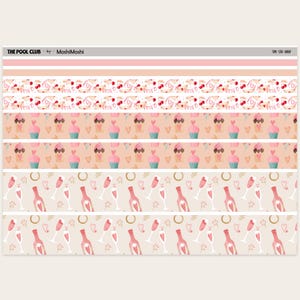 May include: Decorative sticker strips with various patterns. Designs include cupcakes, champagne bottles, glasses, hearts, and the word "love" on a white background. The color palette features pink, peach, and gold accents.