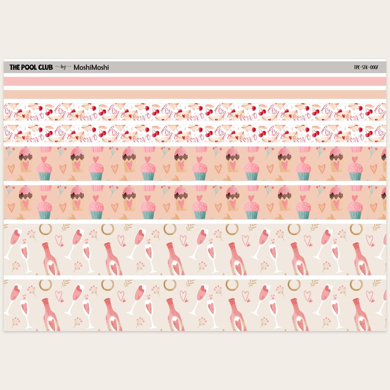 May include: Decorative sticker strips with various patterns. Designs include cupcakes, champagne bottles, glasses, hearts, and the word "love" on a white background. The color palette features pink, peach, and gold accents.