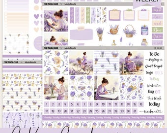 Kit de pegatinas imprimibles de lavanda para planificador semanal, compatible con Hobonichi Cousin, descarga digital