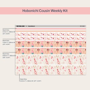 May include: Hobonichi Cousin Weekly Kit with decorative washi tape strips. The strips feature patterns of cherries, cupcakes, hearts, champagne bottles, and glasses. The kit includes strips of .15", .29", .58", and .87" in width.