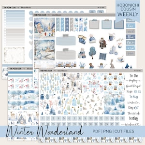 Kit de planificador semanal imprimible de invierno, acogedor, con pegatinas azules suaves, compatible con Hobonichi Cousin.