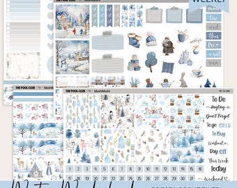Winter druckbare Wochenplaner Kit, gemütliche, weiche blaue Aufkleber, Hobonichi Cousin kompatibel