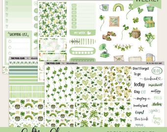 Kit imprimible de planificador semanal de marzo, Erin Condren, Día de San Patricio, pegatinas de trébol