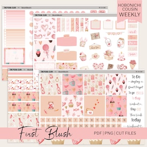 Printable Hobonichi Cousin weekly sticker kit in soft pink Valentine “First Blush” theme, showing decorative full boxes, love icons, notes labels, checklists, date numbers, weekday strips and matching washi borders; includes PDF, PNG and cut file formats for instant download.