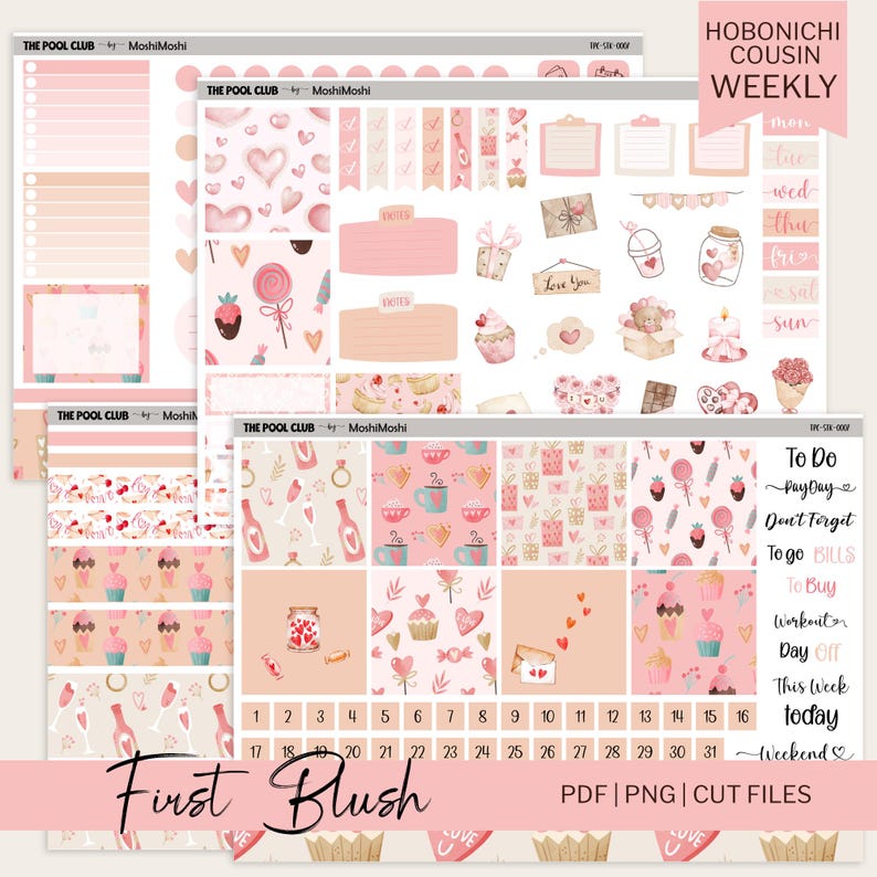 Printable Hobonichi Cousin weekly sticker kit in soft pink Valentine “First Blush” theme, showing decorative full boxes, love icons, notes labels, checklists, date numbers, weekday strips and matching washi borders; includes PDF, PNG and cut file formats for instant download.