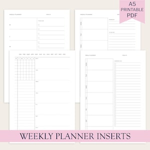 May include: A set of white A5 printable PDF weekly planner inserts. The inserts feature sections for to-do lists, meal planning, and daily scheduling. Text includes "Weekly Planner Inserts" and "A5 Printable PDF."
