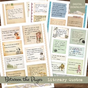 May include: A collection of printable literary quote cards featuring various authors and book titles. Each rectangular card displays a unique quote on a vintage-style background, some decorated with illustrations of characters, flowers, or trees.