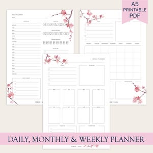 Könnte beinhalten: A5 druckbarer PDF-Planer mit täglichen, monatlichen und wöchentlichen Layouts. Die Seiten haben ein minimalistisches Design mit floralen Akzenten und Abschnitten für Planung, Aufgaben und Notizen. Der Text "DAILY, MONTHLY & WEEKLY PLANNER" steht unten.