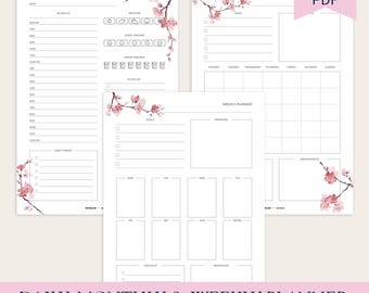 Paquete de insertos para agenda A5, imprimibles, diseño minimalista de flor de cerezo, PDF, sin fecha, diario, semanal, mensual.