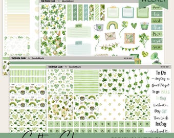 Kit de planificador semanal imprimible de marzo, Día de San Patricio, pegatinas de trébol, compatible con Hobonichi Cousin