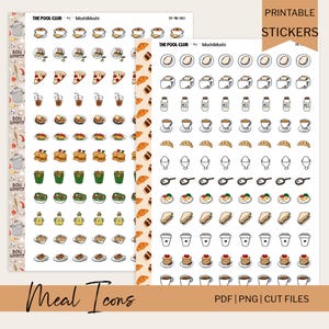 Könnte beinhalten: Druckbare Stickerbögen mit verschiedenen Essenssymbolen, darunter Pizzastücke, Burger, Pommes Frites und Kaffeetassen. Die Aufkleber sind in einem farbenfrohen Cartoon-Stil gehalten, mit dem Text "Meal Icons" unten.